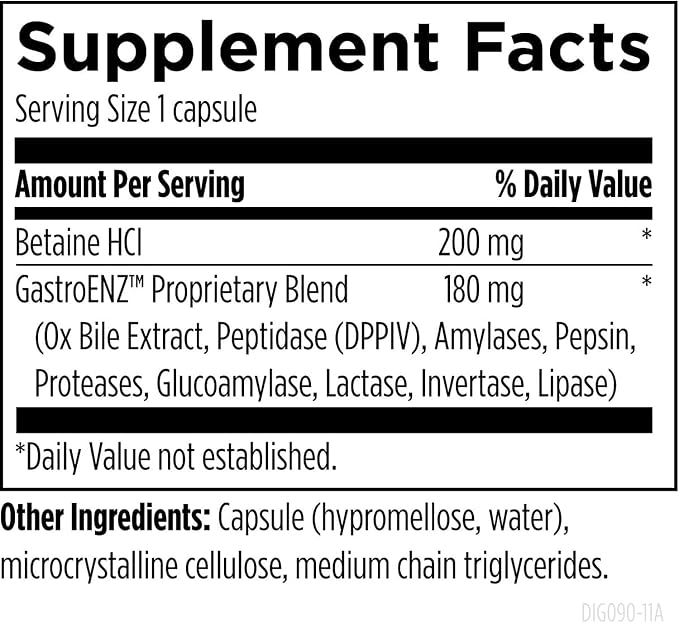 Digestzymes con Betaina HCl y Complejo GastroENZ™ – 90 Cápsulas