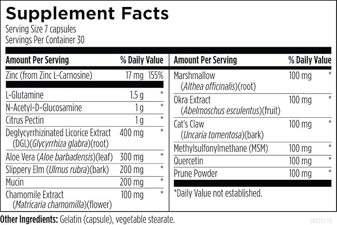 GI Revive con Zinc L-Carnosina y L-Glutamina – 210 Cápsulas