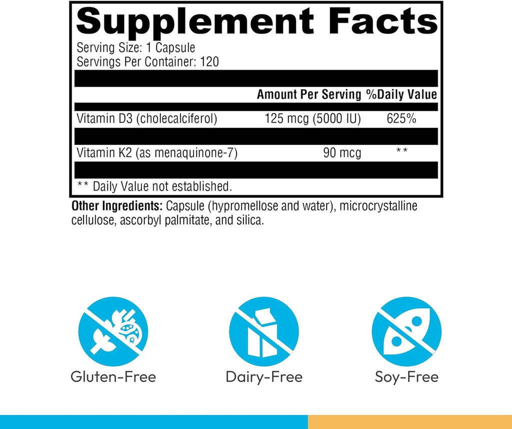 K2-D3 5000 con Vitamina D3 y K2 (como MK-7) – 120 Cápsulas Vegetarianas
