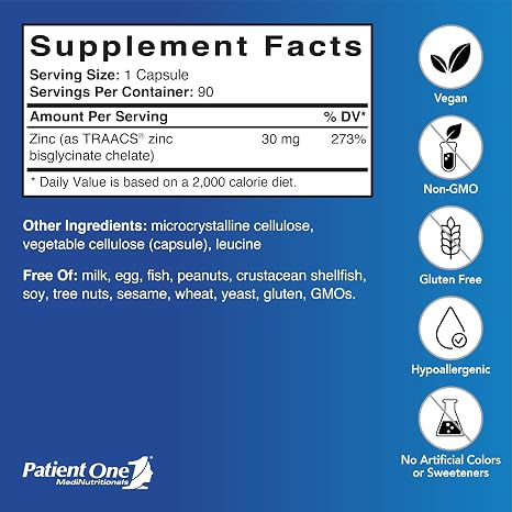 Zinc Glycinate 30 mg (TRAACS® Chelated Zinc Bisglycinate) – 90 Cápsulas Vegetales